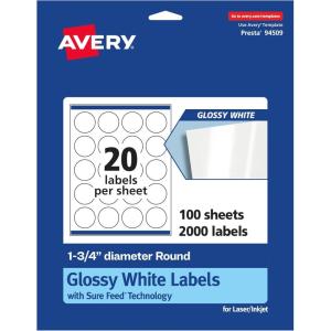 imageAvery Glossy White Round Labels Sure Feed Technology 175quot Diameter 200 Glossy White Labels PrinttoTheEdge Permanent Adhesive LaserInkjet Printable2 000 labels
