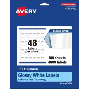 imageAvery Glossy White Square Labels Sure Feed Technology 1quot x 1quot 480 Glossy White Labels PrinttoTheEdge Permanent Adhesive LaserInkjet Printable4 800 labels