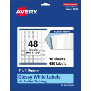 imageAvery Glossy White Square Labels Sure Feed Technology 1quot x 1quot 480 Glossy White Labels PrinttoTheEdge Permanent Adhesive LaserInkjet Printable480 labels