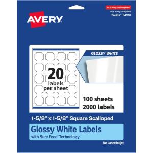 imageAvery Glossy White Square Scalloped Labels Sure Feed Technology 158quot x 158quot 200 Glossy White Labels PrinttoTheEdge Permanent Adhesive LaserInkjet Printable2 000 labels