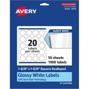 imageAvery Glossy White Square Scalloped Labels Sure Feed Technology 158quot x 158quot 200 Glossy White Labels PrinttoTheEdge Permanent Adhesive LaserInkjet Printable1 000 labels