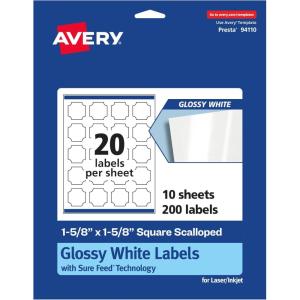 imageAvery Glossy White Square Scalloped Labels Sure Feed Technology 158quot x 158quot 200 Glossy White Labels PrinttoTheEdge Permanent Adhesive LaserInkjet Printable200 labels