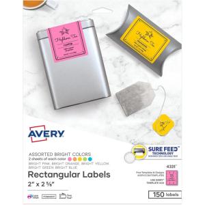 imageAvery Labels with Sure Feed Assorted Bright Colors 2quot x 258quot LaserInkjet 150 Labels 43312 x 258