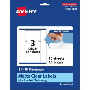 imageAvery Matte Clear Rectangle Labels Sure Feed Technology 3quot x 5quot 30 Matte Clear Labels PrinttoTheEdge LaserInkjet Printable30 labels
