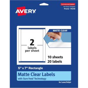 imageAvery Matte Clear Rectangle Labels Sure Feed Technology 5quot x 7quot 20 Matte Clear Labels LaserInkjet Printable20 labels