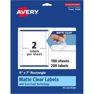imageAvery Matte Clear Rectangle Labels Sure Feed Technology 5quot x 7quot 20 Matte Clear Labels LaserInkjet Printable200 labels