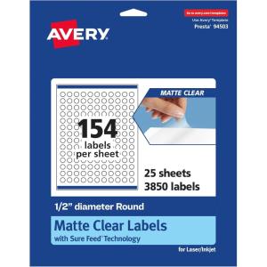 imageAvery Matte Clear Round Labels Sure Feed Technology 05quot Diameter 1540 Matte Clear Labels PrinttoTheEdge LaserInkjet Printable3 850 labels
