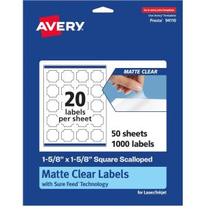 imageAvery Matte Clear Square Scalloped Labels Sure Feed Technology 158quot x 158quot 200 Matte Clear Labels PrinttoTheEdge LaserInkjet Printable1 000 labels