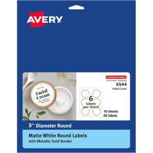 imageAvery Matte White Labels Metallic Gold Borders 3quot Round Labels 60 Total LaserInkjet Printable 65443