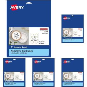 imageAvery Matte White Labels Metallic Gold Borders 3quot Round Labels 60 Total LaserInkjet Printable 65443 Pack of 5