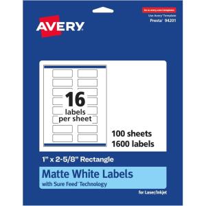 imageAvery Matte White Rectangle Labels Sure Feed Technology 1quot x 258quot 400 Matte White Printable Labels1 600 Labels