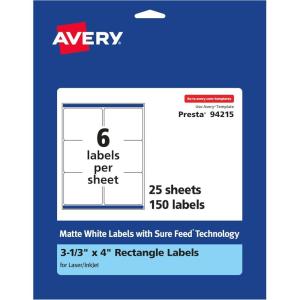 imageAvery Matte White Rectangle Labels Sure Feed Technology 313quot x 4quot 150 Matte White Printable Labels150 Labels