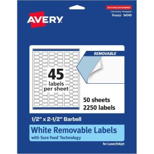 imageAvery Matte White Removable Barbell Labels Sure Feed Technology 05quot x 25quot 675 Removable Labels LaserInkjet Printable2 250 labels