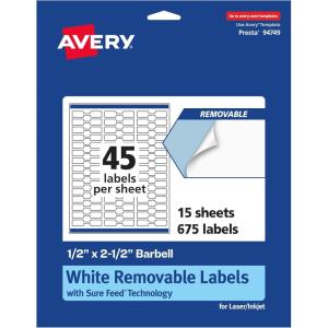 imageAvery Matte White Removable Barbell Labels Sure Feed Technology 05quot x 25quot 675 Removable Labels LaserInkjet Printable675 labels