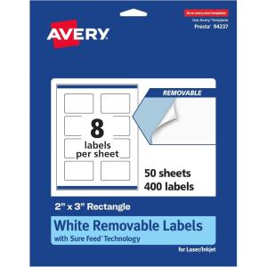 imageAvery Matte White Removable Rectangle Labels Sure Feed Technology PrinttoTheEdge 2quot x 3quot 200 Removable Labels LaserInkjet Printable400 labels