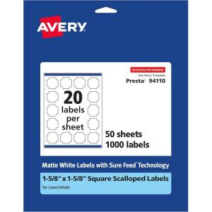 imageAvery Matte White Square Scalloped Labels Sure Feed Technology 158quot x 158quot 500 Matte White Printable Labels1 000 Labels