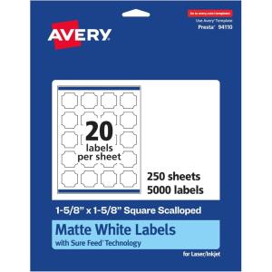 imageAvery Matte White Square Scalloped Labels Sure Feed Technology 158quot x 158quot 500 Matte White Printable Labels5 000 Labels
