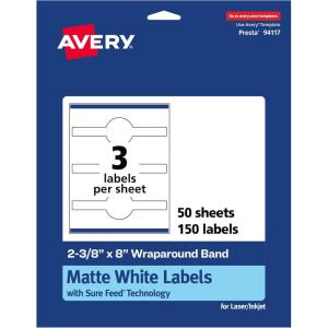 imageAvery Matte White Wraparound Band Labels Sure Feed Technology 238quot x 8quot Cigar Band Labels Permanent Adhesive LaserInkjet Printable 75 Total150 labels