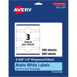 imageAvery Matte White Wraparound Band Labels Sure Feed Technology 238quot x 8quot Cigar Band Labels Permanent Adhesive LaserInkjet Printable 75 Total300 labels