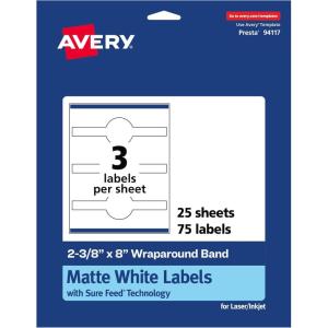 imageAvery Matte White Wraparound Band Labels Sure Feed Technology 238quot x 8quot Cigar Band Labels Permanent Adhesive LaserInkjet Printable 75 Total75 labels