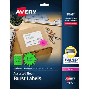 imageAvery Neon Address Labels with Sure Feed for Laser Printers 214quot Assorted Colors 180 Burst Labels 5995One Size