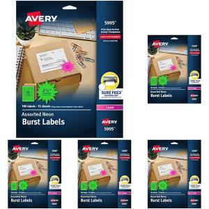 imageAvery Neon Address Labels with Sure Feed for Laser Printers 214quot Assorted Colors 180 Burst Labels 5995One Size Pack of 5