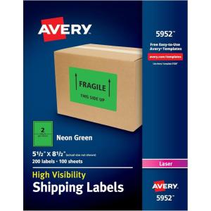 imageAvery Neon Shipping Labels for Laser Printers 512quot x 812quot 200 Green Labels 5952Neon Green