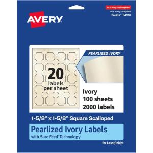 imageAvery Pearlized Ivory Square Scalloped Labels Sure Feed Technology PrinttoTheEdge 158quot x 158quot 200 Pearlized Ivory Labels LaserInkjet Printable2 000 labels