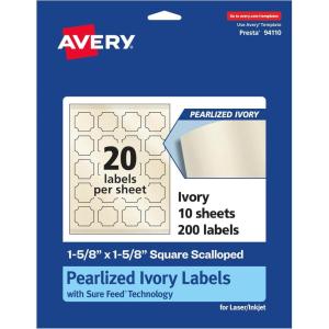 imageAvery Pearlized Ivory Square Scalloped Labels Sure Feed Technology PrinttoTheEdge 158quot x 158quot 200 Pearlized Ivory Labels LaserInkjet Printable200 labels