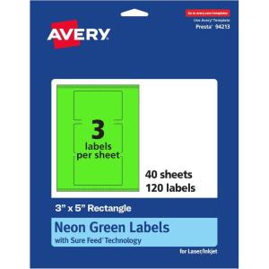 imageAvery Printable Rectangle Labels Sure Feed Technology 3quot x 5quot Neon Green Labels PrinttoTheEdge LaserInkjet Printable 30 Total Great for Shipping and Packaging120 labels