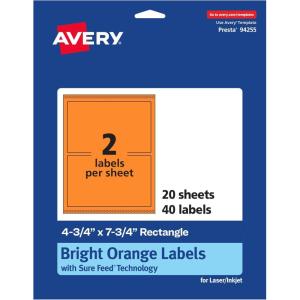 imageAvery Printable Rectangle Labels Sure Feed Technology 434quot x 734quot Bright Orange Labels PrinttoTheEdge LaserInkjet Printable 20 Total Great for Shipping and Packaging40 labels