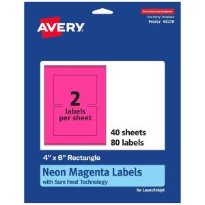 imageAvery Printable Rectangle Labels Sure Feed Technology 4quot x 6quot Neon Magenta Labels PrinttoTheEdge LaserInkjet Printable 20 Total Great for Shipping and Packaging80 labels