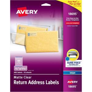 imageAvery Printable Return Address Labels with Sure Feed 23quot x 134quot Matte Clear 600 Blank Mailing Labels 1869523 in X 134 in