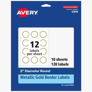 imageAvery Printable Round Labels 2quot Diameter Matte White with Metallic Gold Borders Permanent Adhesive 120 Blank Labels Great for Weddings Showers Holidays and More 22876White