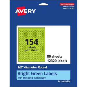 imageAvery Printable Round Labels Sure Feed Technology 12quot Diameter Bright Green Labels PrinttoTheEdge LaserInkjet 1540 Total Great for Price Stickers and Mailing Seals12 320 labels