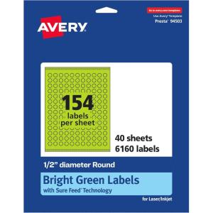 imageAvery Printable Round Labels Sure Feed Technology 12quot Diameter Bright Green Labels PrinttoTheEdge LaserInkjet 1540 Total Great for Price Stickers and Mailing Seals6 160 labels