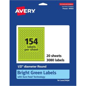 imageAvery Printable Round Labels Sure Feed Technology 12quot Diameter Bright Green Labels PrinttoTheEdge LaserInkjet 1540 Total Great for Price Stickers and Mailing Seals3 080 labels