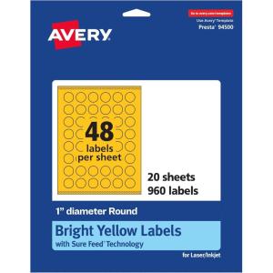 imageAvery Printable Round Labels Sure Feed Technology 1quot Diameter Bright Yellow Labels PrinttoTheEdge LaserInkjet 480 Total Great for Price Stickers and Mailing Seals960 labels