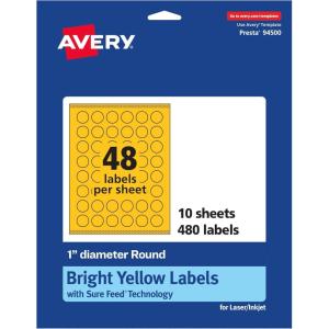 imageAvery Printable Round Labels Sure Feed Technology 1quot Diameter Bright Yellow Labels PrinttoTheEdge LaserInkjet 480 Total Great for Price Stickers and Mailing Seals480 labels