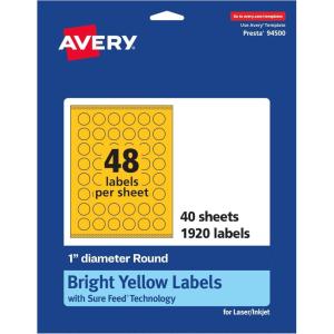 imageAvery Printable Round Labels Sure Feed Technology 1quot Diameter Bright Yellow Labels PrinttoTheEdge LaserInkjet 480 Total Great for Price Stickers and Mailing Seals1 920 labels