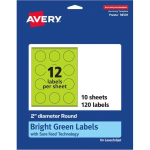 imageAvery Printable Round Labels Sure Feed Technology 2quot Diameter Bright Green Labels PrinttoTheEdge LaserInkjet Printable 120 Total Great for Stickers and Candles120 labels