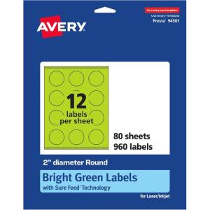 imageAvery Printable Round Labels Sure Feed Technology 2quot Diameter Bright Green Labels PrinttoTheEdge LaserInkjet Printable 120 Total Great for Stickers and Candles960 labels