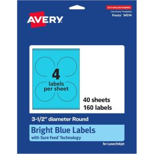 imageAvery Printable Round Labels Sure Feed Technology 312quot Diameter Bright Blue Labels PrinttoTheEdge LaserInkjet Printable 80 Total Great for Packaging and Candles160 labels
