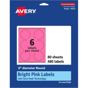 imageAvery Printable Round Labels Sure Feed Technology 3quot Diameter Bright Pink Labels PrinttoTheEdge LaserInkjet Printable 60 Total Great for Soaps and Packaging480 labels
