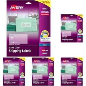 imageAvery Printable Shipping Labels with Sure Feed 2quot x 4quot Matte Clear 100 Blank Mailing Labels 188632 x 4 Pack of 5