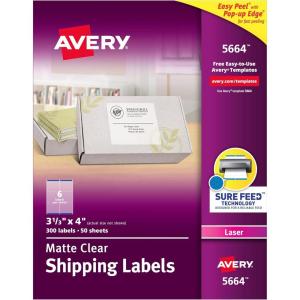 imageAvery Printable Shipping Labels with Sure Feed 313quot x 4quot Matte Clear 300 Blank Mailing Labels 56643 13 x 4
