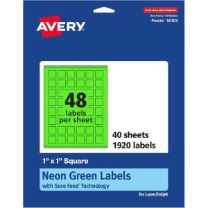 imageAvery Printable Square Labels Sure Feed Technology 1quot x 1quot Neon Green Labels PrinttoTheEdge LaserInkjet Printable 480 Total Great for Soaps and QR Codes1 920 labels