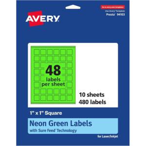 imageAvery Printable Square Labels Sure Feed Technology 1quot x 1quot Neon Green Labels PrinttoTheEdge LaserInkjet Printable 480 Total Great for Soaps and QR Codes480 labels
