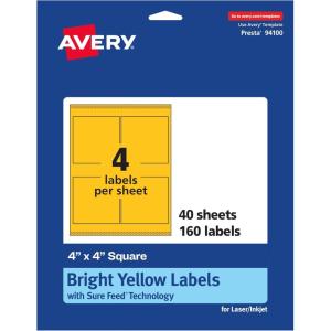 imageAvery Printable Square Labels Sure Feed Technology 4quot x 4quot Bright Yellow Labels LaserInkjet Printable 40 Total Great for Packaging and Ingredients160 labels
