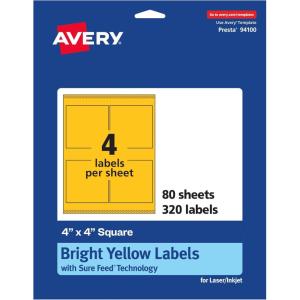 imageAvery Printable Square Labels Sure Feed Technology 4quot x 4quot Bright Yellow Labels LaserInkjet Printable 40 Total Great for Packaging and Ingredients320 labels